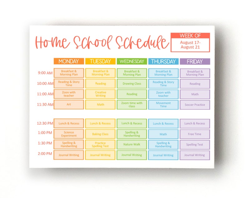 K&ouml;nnte beinhalten: Ein farbenfroher druckbarer Homeschool-Zeitplan f&uuml;r die Woche vom 17. bis 21. August. Der Zeitplan enth&auml;lt t&auml;gliche Aktivit&auml;ten f&uuml;r jedes Fach, wie z. B. Lesen, Mathematik, Naturwissenschaften, Kunst und mehr.