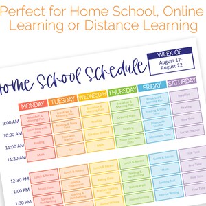 K&ouml;nnte beinhalten: Ein farbenfroher druckbarer Homeschool-Zeitplan f&uuml;r die Woche vom 17. bis 22. August. Der Zeitplan enth&auml;lt t&auml;gliche Aktivit&auml;ten f&uuml;r jeden Tag der Woche, wie Lesen, Mathematik, Naturwissenschaften und Kunst.