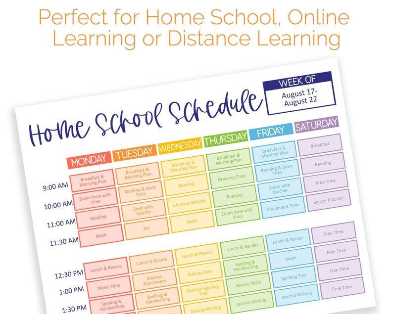 K&ouml;nnte beinhalten: Ein farbenfroher druckbarer Homeschool-Zeitplan f&uuml;r die Woche vom 17. bis 22. August. Der Zeitplan enth&auml;lt t&auml;gliche Aktivit&auml;ten f&uuml;r jeden Tag der Woche, wie Lesen, Mathematik, Naturwissenschaften und Kunst.