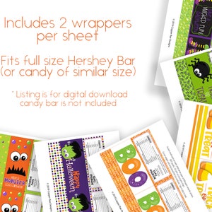 May include: Printable Halloween candy bar wrappers featuring a variety of designs, including a monster, a ghost, and a spider. The wrappers are designed to fit full-size Hershey bars or similar sized candy. The text "Includes 2 wrappers per sheet" and "Fits full size Hershey Bar (or candy of similar size)" is included in the image.