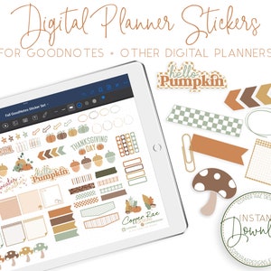 May include: A digital planner sticker set with a fall theme. The stickers feature pumpkins, acorns, leaves, and other fall-themed designs. The stickers are designed for use with GoodNotes and other digital planners. The text "Fall GoodNotes Sticker Set" is visible in the image.