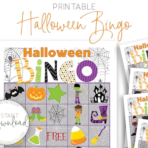May include: Printable Halloween Bingo game sheets. The design features a gray background with Halloween-themed illustrations like bats, pumpkins, and a haunted house. The word "Halloween" is in orange, and "Bingo" is in colorful letters.