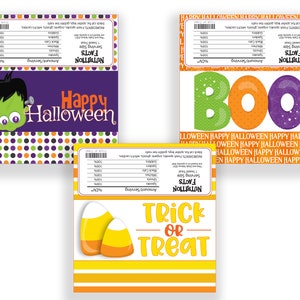 May include: Three printable Halloween treat bag designs. The first design features a green monster with big eyes and the text "Happy Halloween". The second design features the word "BOO" in orange, green, and purple. The third design features a yellow and orange candy corn with the text "Trick or Treat".