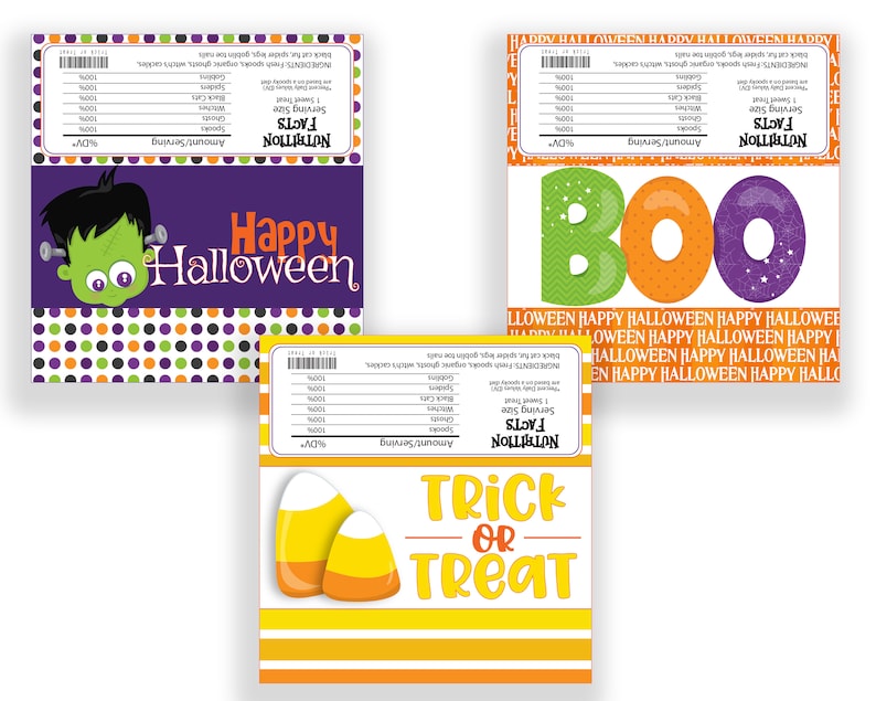 May include: Three printable Halloween treat bag designs. The first design features a green monster with big eyes and the text "Happy Halloween". The second design features the word "BOO" in orange, green, and purple. The third design features a yellow and orange candy corn with the text "Trick or Treat".