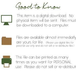 May include: Green text on a white background reads "Good to Know". Three icons with text explain that this item is a digital download, files are available immediately, and the file can be printed as many times as you want for personal use.