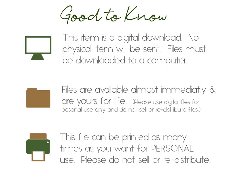 May include: Green text on a white background reads "Good to Know". Three icons with text explain that this item is a digital download, files are available immediately, and the file can be printed as many times as you want for personal use.