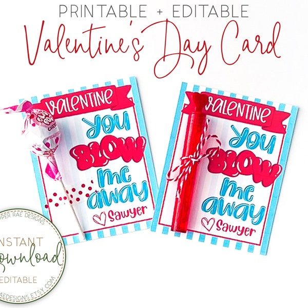 Printable Valentine's, Classroom Valentines, Kids Valentines for School, You Blow Me Away
