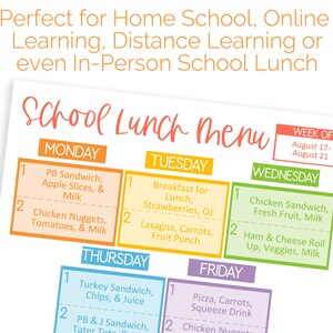 Puede incluir: Un men&uacute; de almuerzo escolar imprimible para la semana del 17 al 21 de agosto. El men&uacute; est&aacute; dividido en d&iacute;as de la semana, con dos opciones de almuerzo cada d&iacute;a. El men&uacute; incluye opciones como s&aacute;ndwiches de mantequilla de man&iacute; y mermelada, nuggets de pollo, lasa&ntilde;a y pizza.