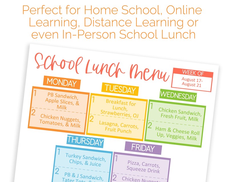 Puede incluir: Un men&uacute; de almuerzo escolar imprimible para la semana del 17 al 21 de agosto. El men&uacute; est&aacute; dividido en d&iacute;as de la semana, con dos opciones de almuerzo cada d&iacute;a. El men&uacute; incluye opciones como s&aacute;ndwiches de mantequilla de man&iacute; y mermelada, nuggets de pollo, lasa&ntilde;a y pizza.