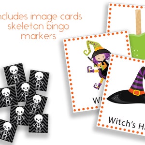 May include: Halloween-themed image cards and skeleton bingo markers. The image cards feature a green candy apple, a witch with a purple wig, and a witch's hat. The bingo markers are black and gray with a white skeleton design. Text on the image reads: Includes image cards skeleton bingo markers.