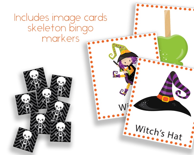 May include: Halloween-themed image cards and skeleton bingo markers. The image cards feature a green candy apple, a witch with a purple wig, and a witch's hat. The bingo markers are black and gray with a white skeleton design. Text on the image reads: Includes image cards skeleton bingo markers.
