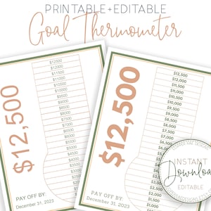 Printable Goal Thermometer, Debt Tracker, Debt Payoff Tracker, Editable