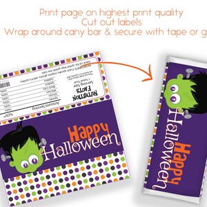 May include: Printable Halloween candy bar wrapper featuring a cartoon Frankenstein monster with green skin, black hair, and bolts in his neck. The wrapper is purple with orange and green polka dots and the text "Happy Halloween".