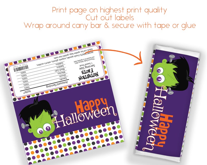 May include: Printable Halloween candy bar wrapper featuring a cartoon Frankenstein monster with green skin, black hair, and bolts in his neck. The wrapper is purple with orange and green polka dots and the text "Happy Halloween".