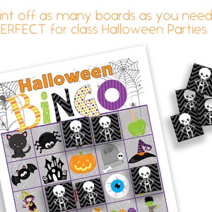 May include: A Halloween Bingo game sheet with colorful illustrations of Halloween-themed images, including a black cat, spider, pumpkin, and skeleton. The word "Halloween Bingo" is displayed in large, colorful letters.