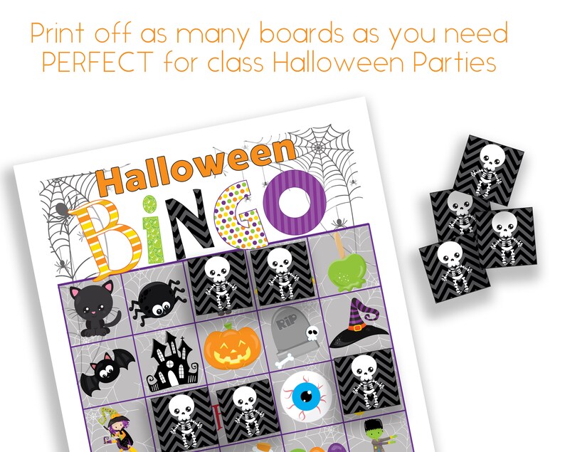 May include: A Halloween Bingo game sheet with colorful illustrations of Halloween-themed images, including a black cat, spider, pumpkin, and skeleton. The word "Halloween Bingo" is displayed in large, colorful letters.