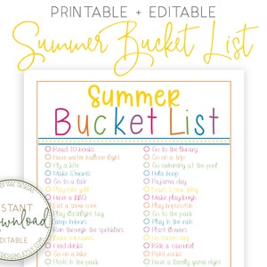 Customizable Summer Bucket List, Summer Activities, Printable Bucket List, Summer Family Fun