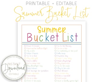 Customizable Summer Bucket List, Summer Activities, Printable Bucket List, Summer Family Fun