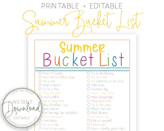 Customizable Summer Bucket List Summer Activities Printable Etsy
