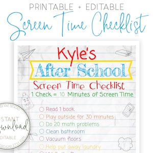 Screen Time Rules - Screen Time Checklist - Chore List - After School Screen Time