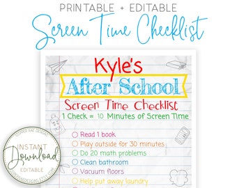 Screen Time Rules - Screen Time Checklist - Chore List - After School Screen Time