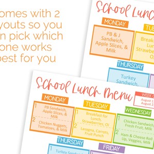 Puede incluir: Dos plantillas de men&uacute; de almuerzo escolar imprimibles con dise&ntilde;os diferentes. La primera plantilla tiene un men&uacute; semanal colorido con los d&iacute;as de la semana en diferentes colores. La segunda plantilla tiene un dise&ntilde;o m&aacute;s simple con un men&uacute; semanal y un espacio para la semana. Ambas plantillas incluyen una variedad de opciones de almuerzo para cada d&iacute;a de la semana.