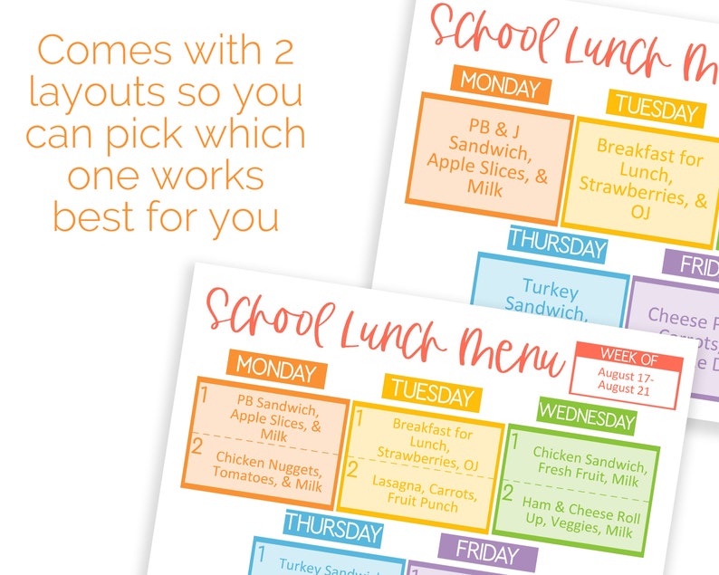 Puede incluir: Dos plantillas de men&uacute; de almuerzo escolar imprimibles con dise&ntilde;os diferentes. La primera plantilla tiene un men&uacute; semanal colorido con los d&iacute;as de la semana en diferentes colores. La segunda plantilla tiene un dise&ntilde;o m&aacute;s simple con un men&uacute; semanal y un espacio para la semana. Ambas plantillas incluyen una variedad de opciones de almuerzo para cada d&iacute;a de la semana.