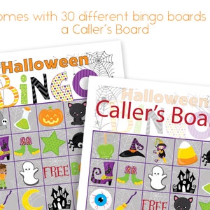 May include: Halloween Bingo game set with 30 different bingo boards and a caller's board. The bingo cards feature Halloween-themed images like pumpkins, ghosts, and witches. The word "Halloween" is in orange and the word "Bingo" is in various colors.