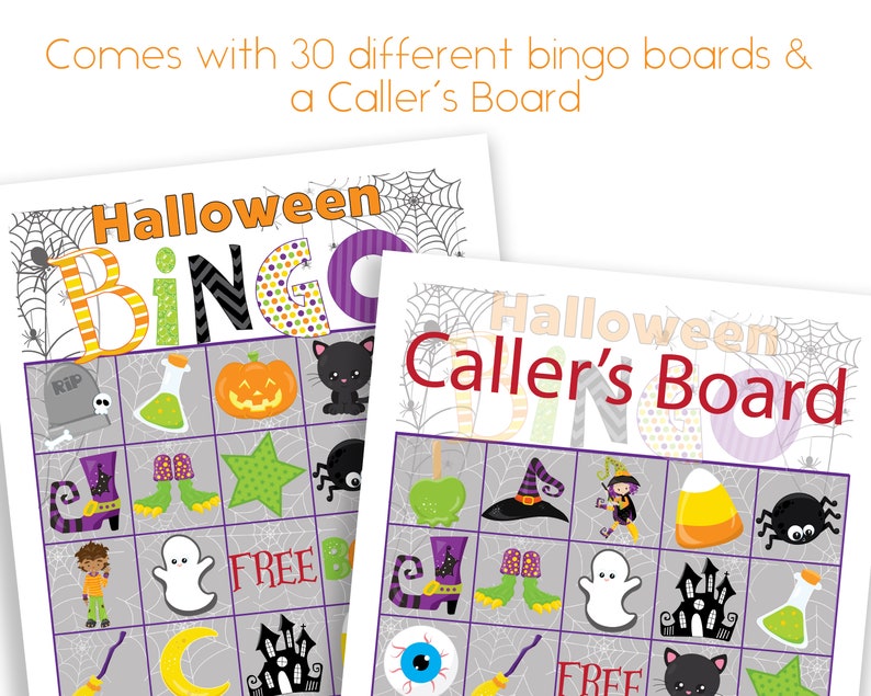 May include: Halloween Bingo game set with 30 different bingo boards and a caller's board. The bingo cards feature Halloween-themed images like pumpkins, ghosts, and witches. The word "Halloween" is in orange and the word "Bingo" is in various colors.