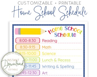 May include: A printable home school schedule template with a colorful pencil illustration and a list of subjects with corresponding times. The subjects include reading, math, science, lunch and recess, writing and spelling, and art.