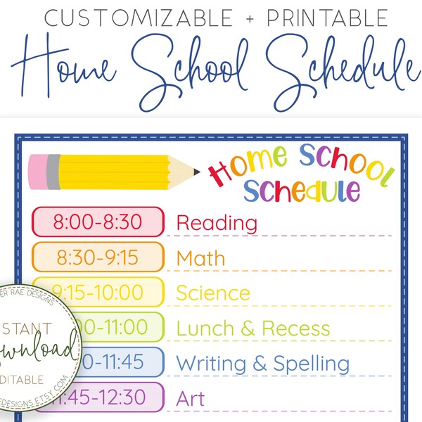 Home School Schedule - Customizable School Schedule - Home School Planner