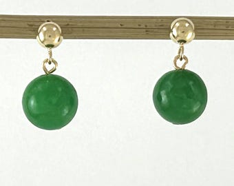 14K Yellow Gold Green Jade Post Dangle Earrings