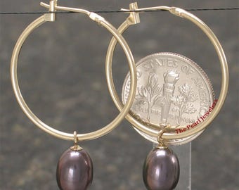 14k Yellow Gold Hoop & Black Pearl Dangles