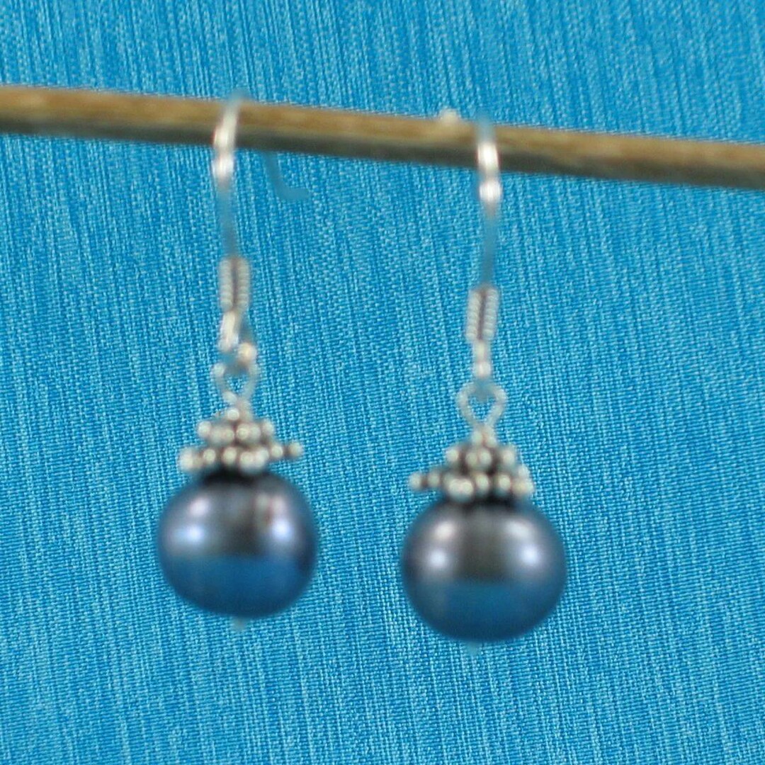 thumbnail interactive-video image 1 of Handcrafted .925 Sterling Silver Hook Earrings With Black Freshwater Pearl & Bali Beads 1 of 4