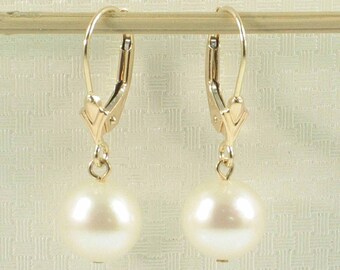 14K Yellow Gold White Pearl Leverback Dangle Earrings