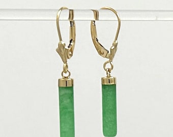 14kt Solid Yellow Gold Leverback Dangle Green Jade Earrings