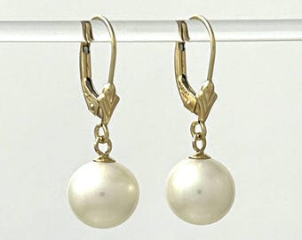 14K Yellow Gold White Pearl Leverback Dangle Earrings (9-10mm)