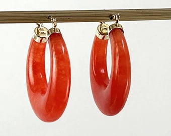 14K Yellow Gold Moon Shape Red Jade Hoop Earrings