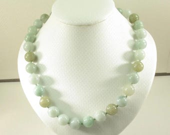 Mixed Green Jadeite Round Bead Necklace - 14K Gold Clasp