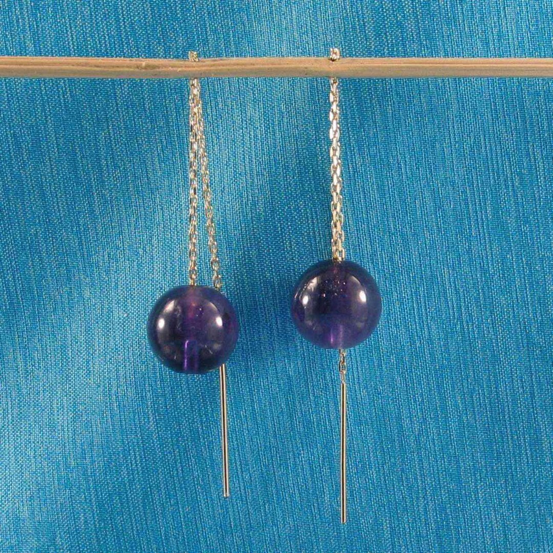 14k Yellow Solid Gold Threader Chain 10mm Amethyst Bead Dangle Earrings ...