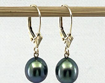 14k Yellow Gold Raindrop Black Pearl lever back Dangle Earrings