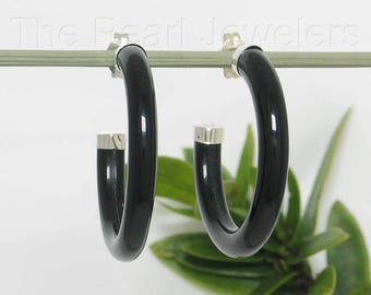 Solid Sterling Silber 925 Natürliche Schwarze Onyx 30 mm C Creolen