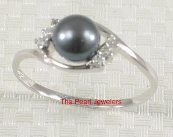 Solid Sterling Silver .925 Black-Blue Freshwater Cultured Pearl & CZ Accent Ring