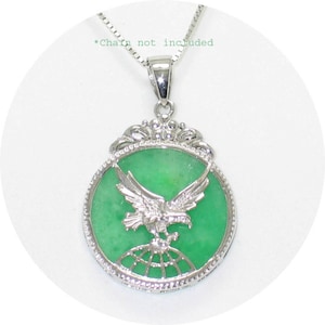 Solid Sterling Silver 925 Eagle Green Jade Pendant