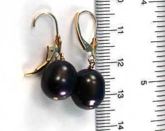 14K Yellow Gold Black Pearl Leverback Dangle Earrings (10-11mm)