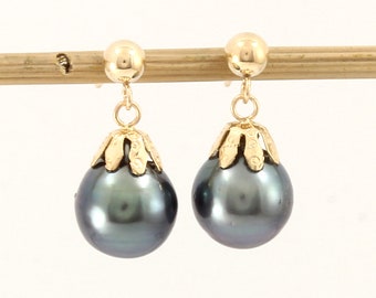 Black Tahitian Pearl 14k Yellow Solid Gold Drop/Dangle Earrings