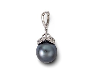 14k White Gold Enhance-Bail & Diamond Black Tahitian Pearl Pendant