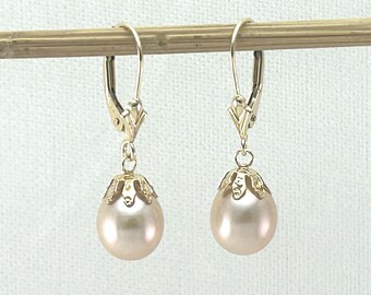 14k Yellow Gold Leverback Cups Peach Pearl Dangle Earrings
