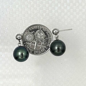 14k White Gold Black Tahitian Pearl Dangle Stud Earrings