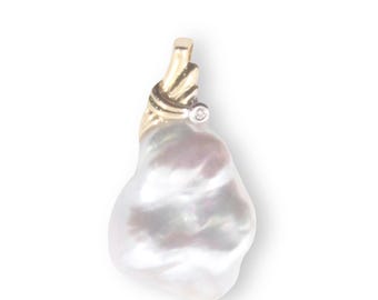 Baroque Pearl Pendant - 14k Yellow Gold Feather Bail + Diamond